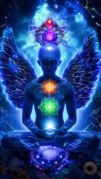 A meditating being with wings and a chakra system glowing