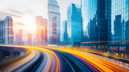 Obraz premium Double exposure of a city highway with a skyline of buildings and a clear morning sky