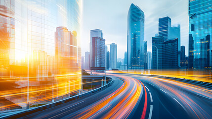 Obraz premium Double exposure of a city highway with a skyline of buildings and a light morning sky