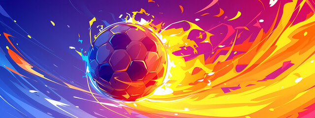 Flaming soccer ball on purple background. Epic goal. World championship cup. International football match. Creative concept of professional sport and leisure, energy and power. Banner with copy space