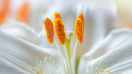 A macro shot of a lily's stamen and pistil, with the surrounding white petals slightly out of focus.