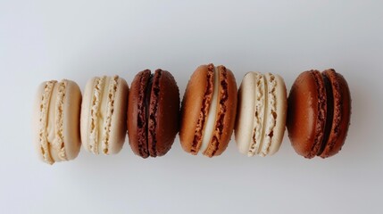 Assorted flavorful macarons in a row on a white background