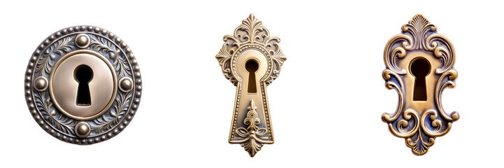 A set of vintage keyholes isolated on transparent background