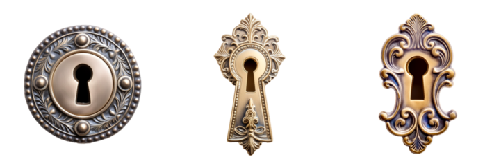 A set of vintage keyholes isolated on transparent background
