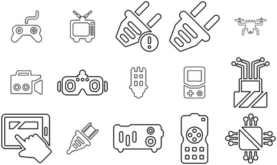 Set Of Devices Outline Isolated Silhouette Solid Icons With Tv,Wire,Power,Energy,Plug Infographic Simple Vector Illustration Logo