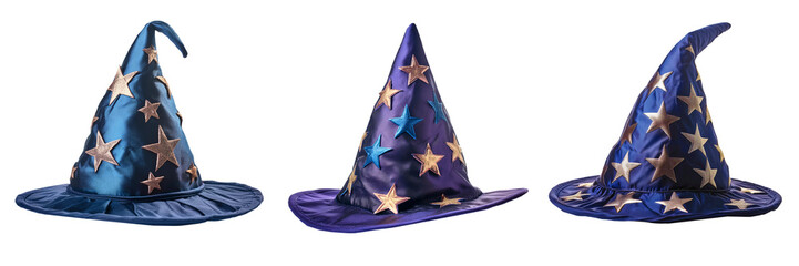 Blue wizard hats with stars isolated on transparent background
