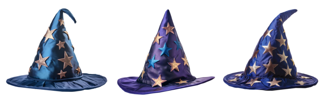 Blue wizard hats with stars isolated on transparent background