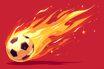 Fototapeta premium Flaming soccer ball on red background. Epic goal. World championship cup. International football match. Creative concept of professional sport and leisure, energy and power. Banner with copy space