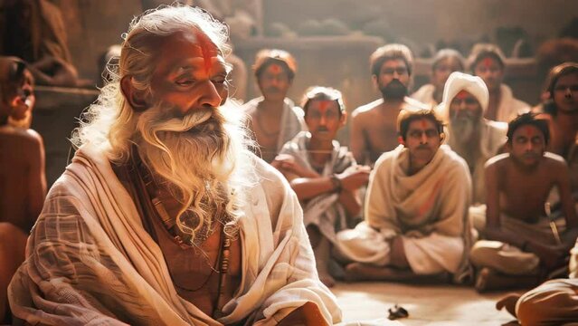 An Indian old sadhu sitting under a tree with a group of disciples