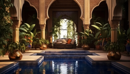 A beautiful, ornate pool area with a large fountain and a couch