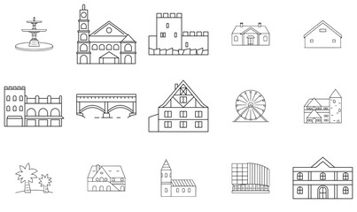 Set Of Linear Buildings And Civilization Icons Web Header Banner Design Containing Civilization,History,Buildings,Stories,House Business Infographic Elements Logo Vector Illustration