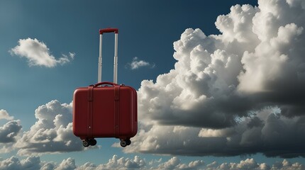 Red suitcase flying on the blue sky among white clouds with space for copy.