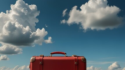 Red suitcase flying on the blue sky among white clouds with space for copy.