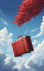 Red suitcase flying on the blue sky among white clouds with space for copy.