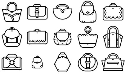 Set Of Bags And Purses Isolated Silhouette Solid Icons With Fashion,Bag,Bags,Purse,Hand Outline Icons Collection. Simple Vector Illustration