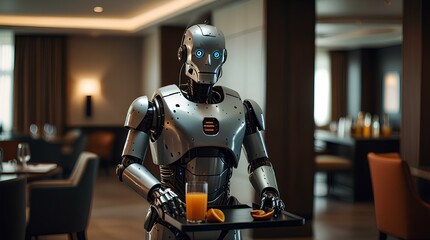 Robot waiter serving a juice on tray in a modern hotel restaurant.