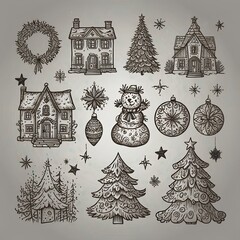 Set of doodle christmas illustrations in vector on isolated white background.