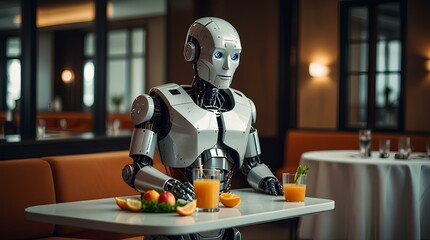 Robot waiter serving a juice on tray in a modern hotel restaurant.