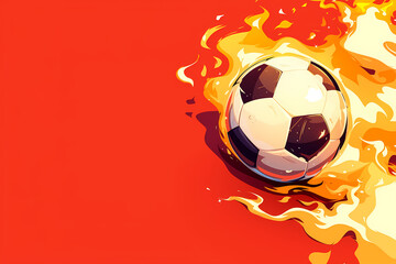 Flaming soccer ball on red background. Epic goal. World championship cup. International football match. Creative concept of professional sport and leisure, energy and power. Banner with copy space