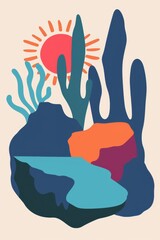 Obraz premium Abstract landscape with colorful shapes and sun