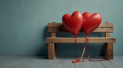 Two red heart shaped balloons tied to the wooden bench on a light blue background with space for copy.