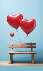 Two red heart shaped balloons tied to the wooden bench on a light blue background with space for copy.