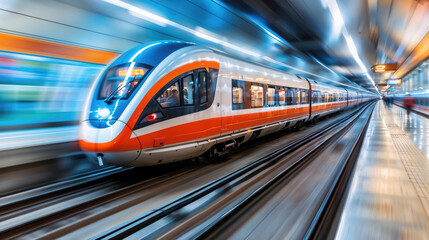 Fototapeta premium High-speed train moving through a station.