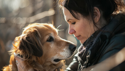 A woman is petting a dog