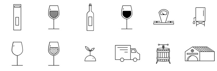 A Collection Of Wine Icons Collection Isolated Silhouette Solid Icons Including Cultivation,Alcohol,Enology,Glass-Of-Wine,Wine Simple Black Style Symbol Sign For Apps And Website, Vector Illustration