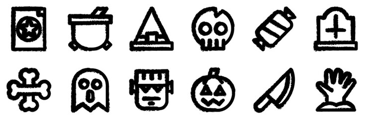 A Collection Of Winter Brush Stroke Icons Collection Isolated Silhouette Solid Icons Including Halloween,Skull,Witch,Brush-Stroke,Pot Outline Icons Collection. Simple Vector Illustration