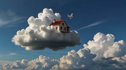 House figure flying on the single cloud on the sky among other white clouds.