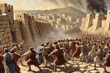 The Battle of Jericho. The walls of Jericho collapsing as the Israelites march around them.