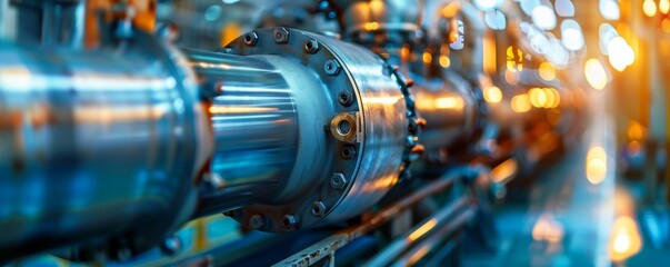 A long pipe with a metal cap on it. The pipe is silver and has a lot of bolts on it