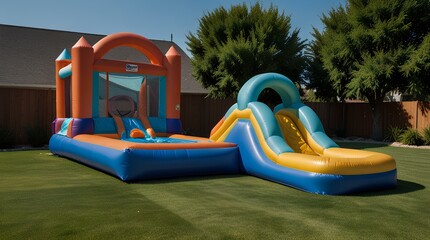 Inflatable bounce house with slide to the water pool in the backyard.