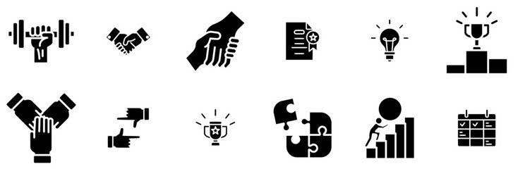 Set Of Training Icon Pack Icons Silhouette Vector Logo Design Containing Target,Commitment,Winner,Trophy,Handshake Vector Icons Illustration Collection