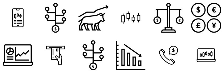 Set Of Trading Finance Icons Collection Isolated Silhouette Solid Icons Including Finance,Trading,Euro,Money,Dollar Solid Icon Collection. Vector Illustration