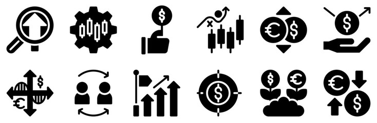 A Collection Of Trading Outline Isolated Silhouette Solid Icons With Dollar,Chart,Growth,Business-And-Finance,Graph Business Infographic Elements Logo Vector Illustration