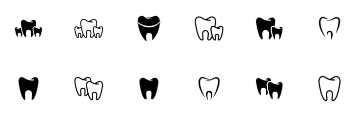 Set Of Linear Tooth Vector Symbols Apps, Websites Ui Designs Suitable For Dentist,Tooth,Teeth,Dental,Molar Stroke Icon Collection. Vector Illustration