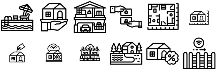 A Collection Of Town Village In Outline Style Icons Collection Isolated Silhouette Solid Icons Including Smart,Home,Money,House,Building Stroke Icon Collection. Vector Illustration