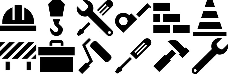 Set Of Tools Solid Vector Symbols Apps, Websites Ui Designs Suitable For Builder,Building,Tools,Repairs,Handheld Simple Black Style Symbol Sign For Apps And Website, Vector Illustration
