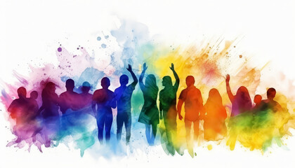 A group of people are standing in a rainbow of colors