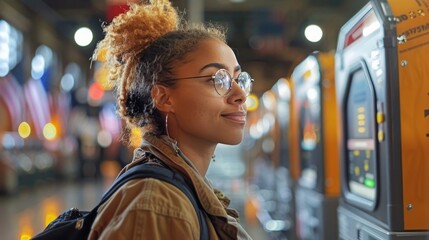 Fototapeta premium Woman Standing in Front of Vending Machine