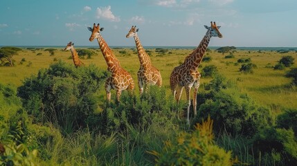 Fototapeta premium A Couple of Giraffe Standing Together