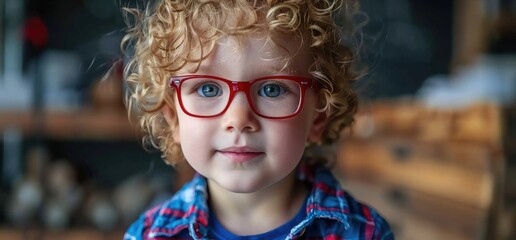 Little boy in red glasses and blue shirt