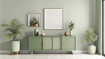 Modern interior design mockup of a green wall with cabinet and decoration in the living room, in the style of minimalist style