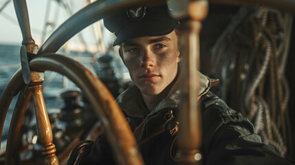 Portrait of a sailor navigating a sailboat, with light and shadow highlighting their determined expression and the nautical instruments. © Komkrit