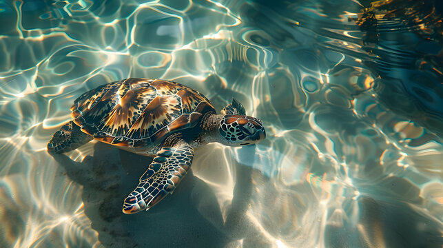 Close-up of a sea turtle swimming in clear water, with light casting shadows and highlighting the patterns on its shell and the movement of the water.