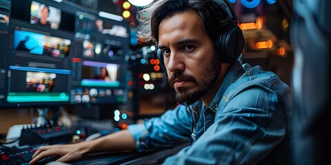 Fototapeta premium An editor works on a video project diligently surrounded by advanced technology. Concept Video editing, Advanced technology, Video project, Diligence, Editor