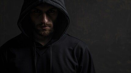 Man in black hoodie standing in dark room