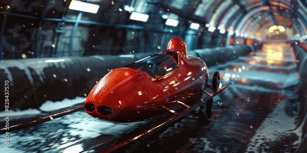 Poster a red car driving on a track inside a tunnel. suitable for transportation concepts
